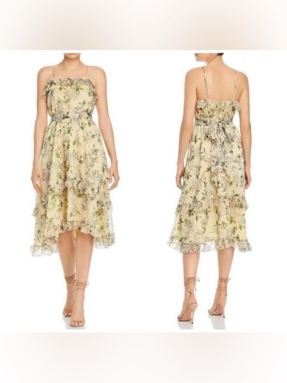 keepsake the label yellow ruffle floral midi dress